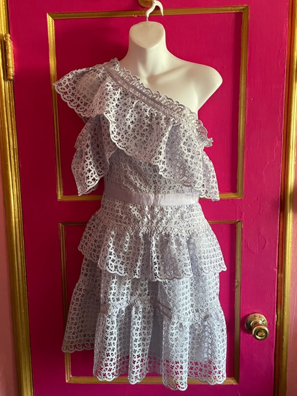 Self-Portrait One-Shoulder Tiered Crochet Lace Dress in Lilac US6 NWT